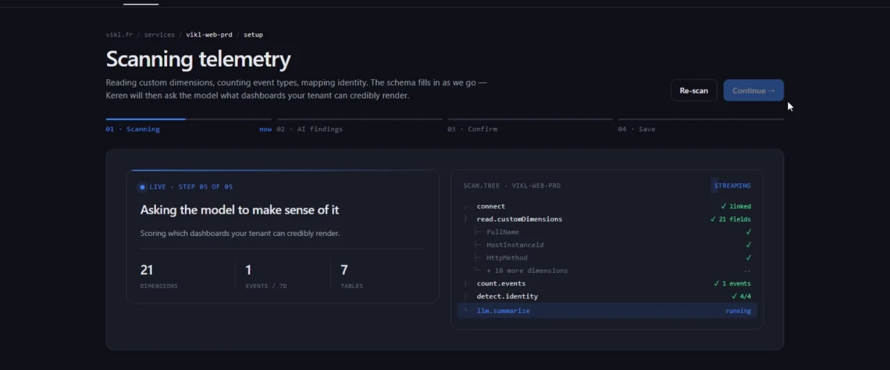 Keren scanning Application Insights telemetry — schema fields mapped live